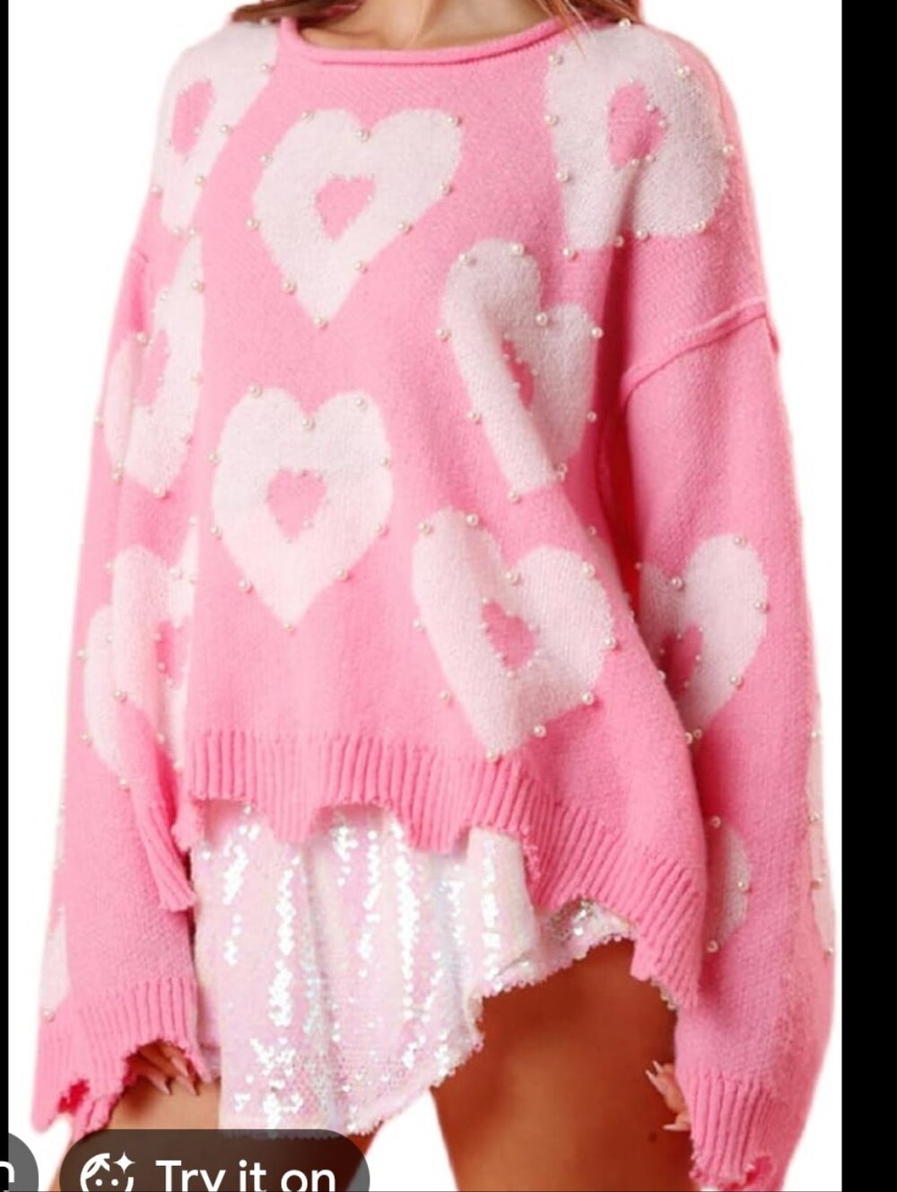 NWOT Peach Love California Pink Sweater with White Heart Pearls